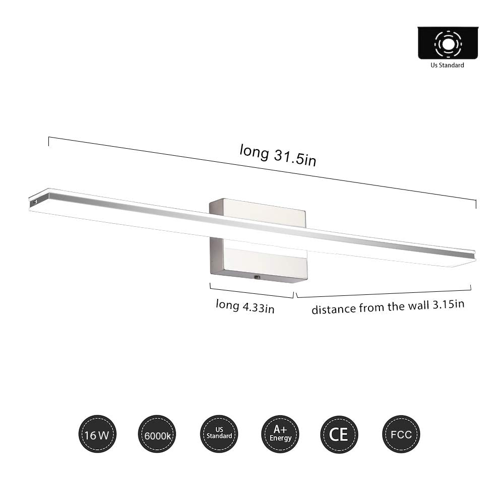 Brivolart Modern Vanity Light Bar 16W Chrome 32 Metal Led Fixture For Bathroom & Bedroom, Model 6420, 6000K