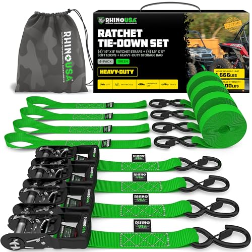 Rhino USA Ratchet Straps Heavy Duty Kit (2-Pack) - 1.6 Inch x 8 Feet Min Break Strength (5,000) - Ultimate Tie Down Straps...
