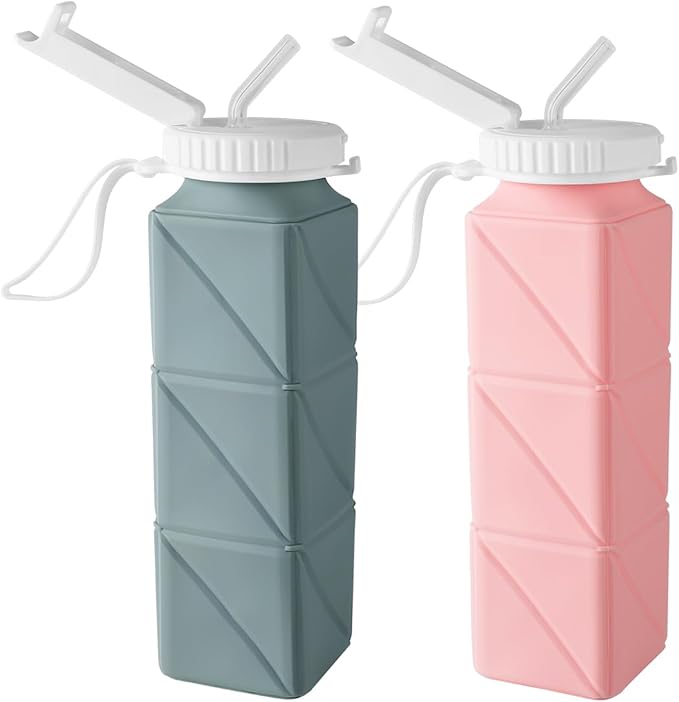 Opard Collapsible Water Bottles 21 Oz - BPA Free, Leak Proof, Foldable Silicone Collapse Water Bottle with Straw, Easy to Compact and Expandable, Travel Essentials Accessories (Blue + Pink)