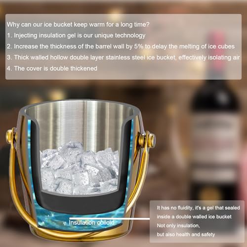 Ice Bucket Champagne Bucket with Tongs Scoop Lid, Double Wall Wine Bar Freezer Ice Bucket with Stand & Carrying Handle, St...