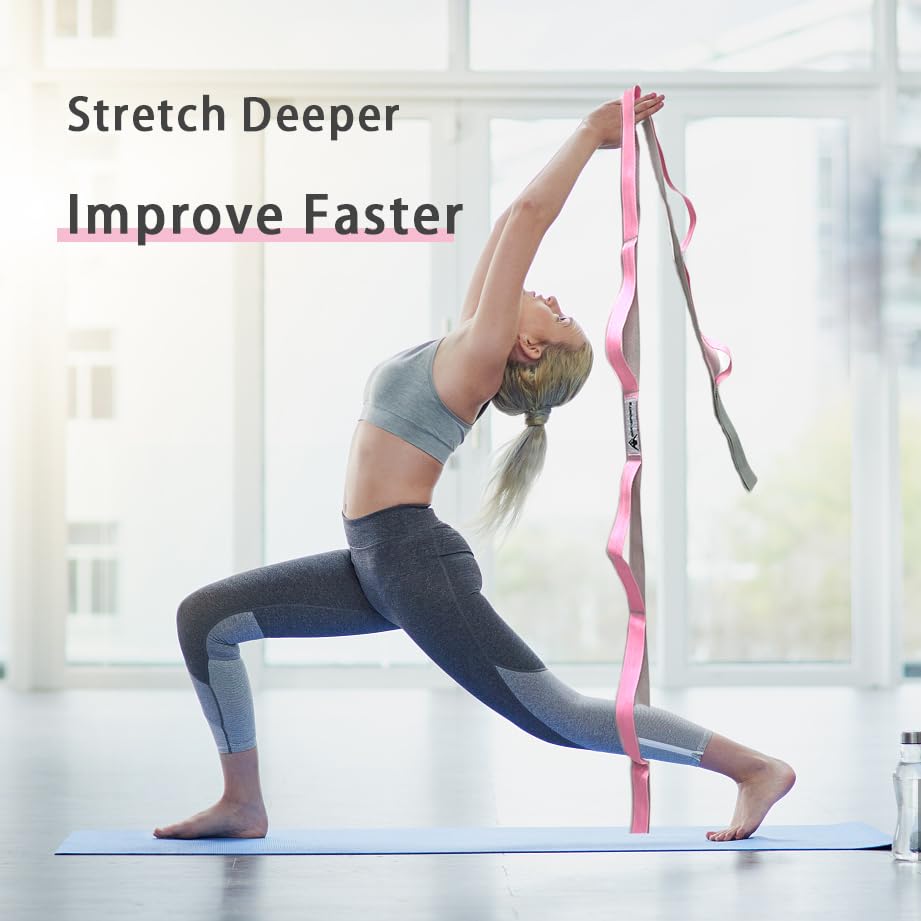 Stretching Strap Yoga Strap with Loops, Stretch Straps for Physical Therapy, Non-Elastic Exercise Strap for Pilates, Dance and Gymnastics with Workout Guide (Pink/Light Gray)