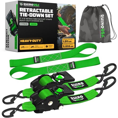 Rhino USA Retractable Ratchet Straps (2-Pack) - 2 Inch x 10 Feet (3,033lb Break Strength) - Heavy Duty Auto Self Retractin...