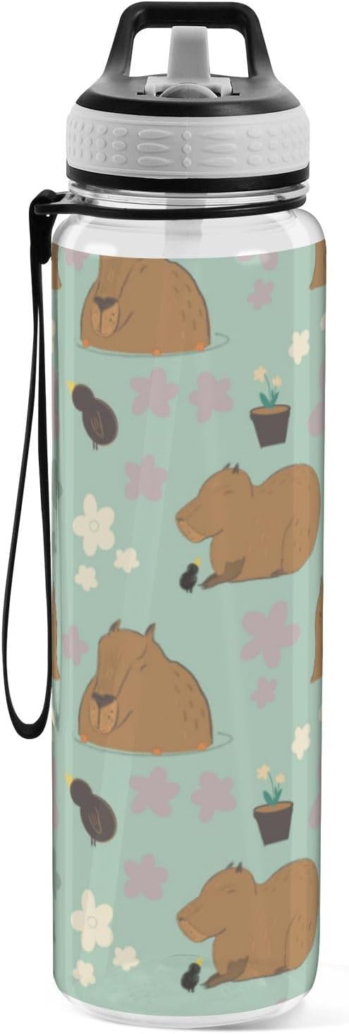 Capybara Kawaii Water Bottle with Straw Flowers Sports Bottles BPA-Free Tritan Water Jug with Carrying Strap for Gym Office Outdoor Sports