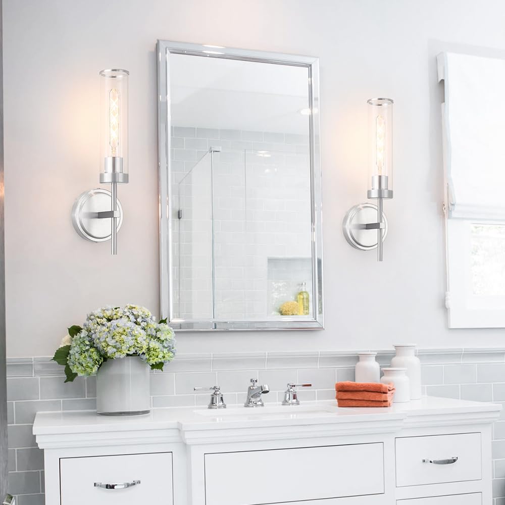 Wall Sconces Set Of 2  Brushed Nickel Sconces Wall Lighting  Modern Bathroom Vanity Light Fixtures With Clear Glass  Bathroom Sconces Wall Mount Lights For Living Room Bedroom Hallway  Hardwired
