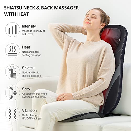 Snailax Shiatsu Back Massager with Heat -Deep Kneading Massage Chair Pad with Adjustable Intensity, Shiatsu Chair Massager...