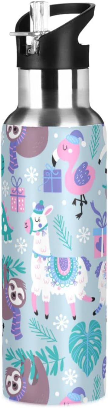 senya 20 Oz Water Bottle with Straw Animals Alpaca Llama Sloth Dinosaur Stainless Steel Water Bottle for Traveling Sports Leakproof Insulated Water Bottle
