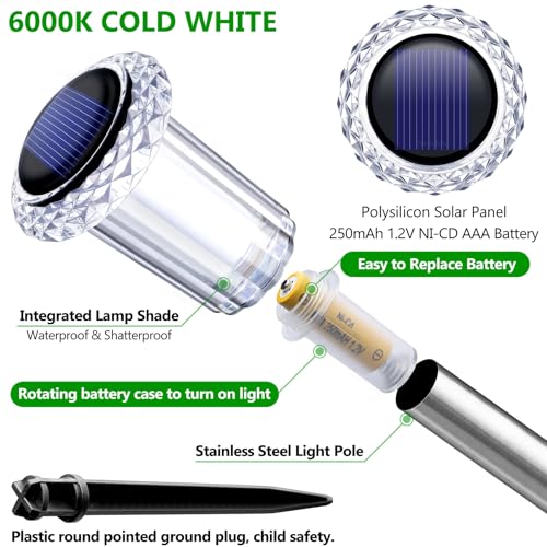 DenicMic Solar Lights Outdoor 10 Pack Waterproof 6000K Cold White LED Stainless Steel Stake Outside Lights for Yard Pathwa...