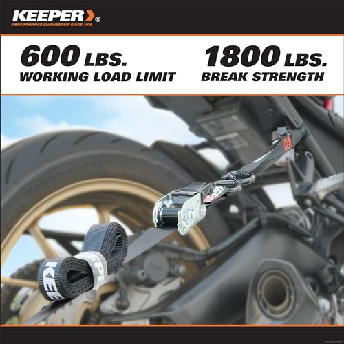 Keeper Ratchet Tie Down Straps Kit, 4 Pack - 1in. x 15ft. Heavy Duty Cargo Straps for Motorcycle, ATV, UTV & Moving – 1800...