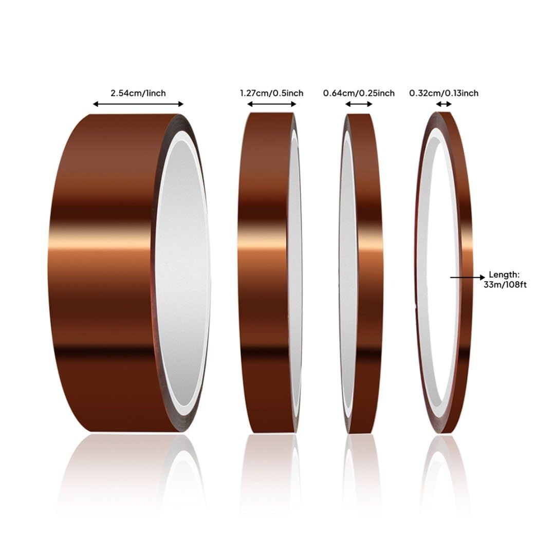 ELEGOO High Temp Tape, 4 Pack Polyimide High Temperature Resistant Tape Multi-Sized Value Bundle 1/8’’, 1/4’’, 1/2’’, 1’’ with Silicone Adhesive for Masking, Soldering etc.