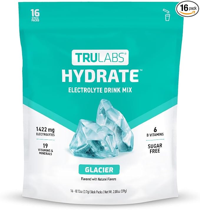 TRULABS Hydrate - Glacier. Sugar Free Electrolytes Hydration Packets. Each Serving Contains 1422 mg of Electrolytes &19 Vi...