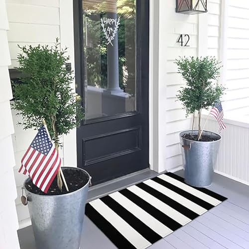 KOZYFLY Black and White Area Rug 27.5x43 Inches Striped Front Door Rug Cotton Washable Indoor Outdoor Rug Doormats Outdoor...