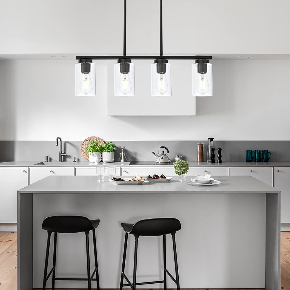 TODOLUZ Black Pendant Light Fixture, 4-Lights Clear Glass Shades, Ideal for Kitchen Island or Dining Room