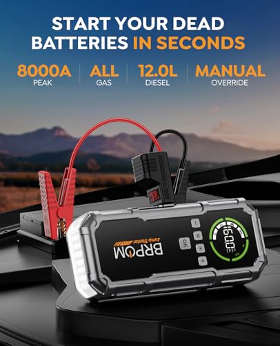 Jump Starter with Air Compressor, BRPOM 8000A Portable Car Jump Starter (All Petrol/12L Diesel), 160PSI 12V Battery Jump S...