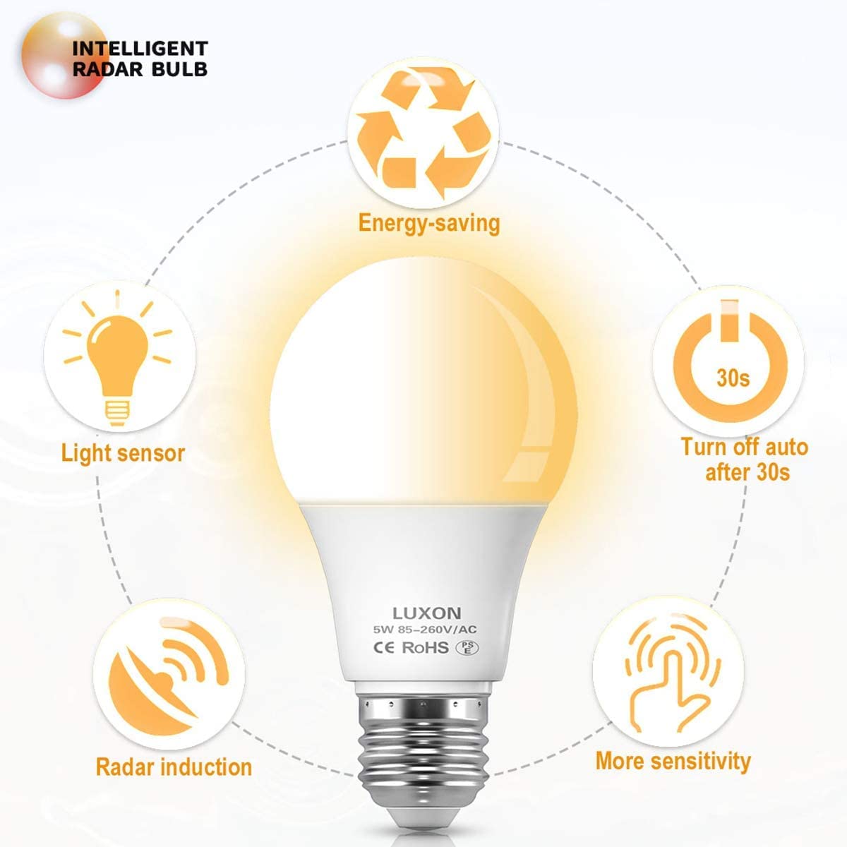 LUXON Motion Sensor Light Bulb, 5W LED, Dusk to Dawn, E26 Base, Warm White 2700K, Auto On/Off, 2 Pack