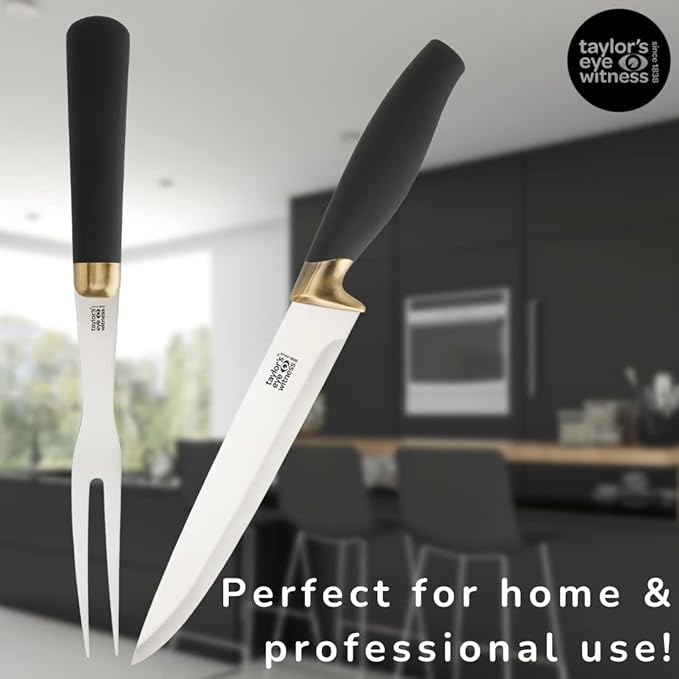 Taylors Eye Witness Carving Knife & Meat Fork Set - 20cm/8 Inch Classic Matt Stainless Steel Blade. Strong, Stylish Two Prong Fork for Professional Chefs & Home Cooks. Brass Bolster. Soft Grip Handle