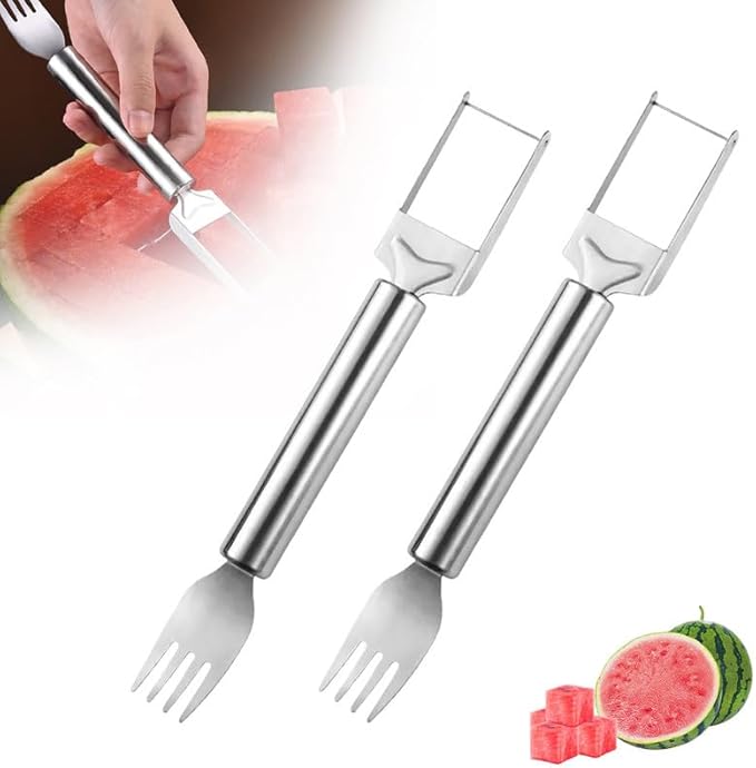 Kruggo 2-in-1 Stainless Steel Fruit Cutter, 2024 Upgraded Watermelon Fork Slicer Cutter Slicer Tool, Dual Head Fruit Forks Slicer Knife with Round Handle (2 PCS)