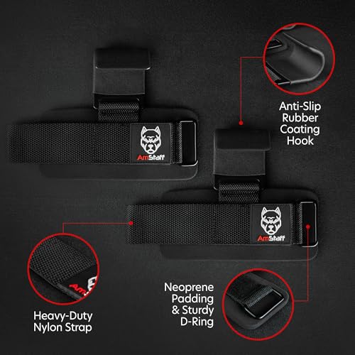 AmStaff Fitness Weight Lifting Hooks (Pair) - Gym Wrist Straps with Steel Hooks for Weightlifting, Pull-Ups, Deadlifts, St...