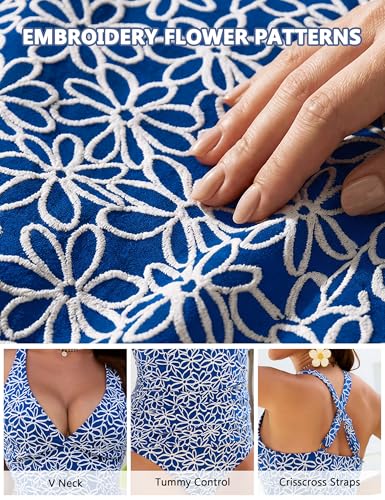 Blooming Jelly Womens Tummy Control Tankini Swimsuits V Neck High Waisted Bathing Suit Embroidery Two Piece Swimwear