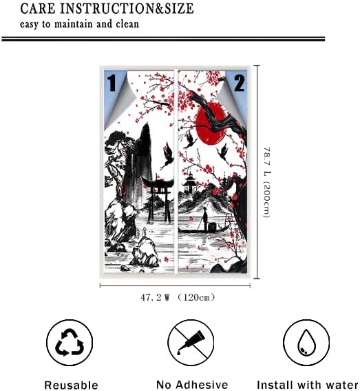 Vintage Japanese Style Decorative Window Film Abstract Ink Japanese Landscape Torii Gatekids Blackout Window Film,Cafe Lighted Window Film 23.6Wx78.7L-Inch X2Pcs