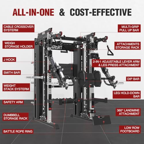 Commercial Smithe Machine with Weight Stack, All-in-One Power Cage Squat Rack Home Gym System with Leg Press Attachment & ...
