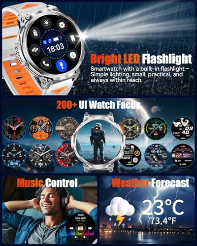 PODOEIL 1.85" Big Screen Military Smart Watch for Men with Flashlight, 730mAh Large Battery, IP68 Waterproof, Bluetooth Ca...