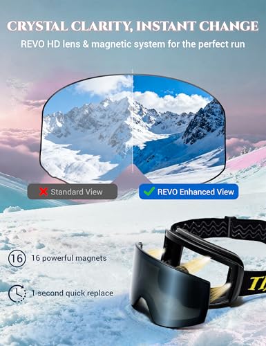 TIJN Ski Snowboard Goggles, Anti-Fog UV400 OTG Snow Goggles for Women Men with 2 Magnetic Interchangeable Lenses, Ouroboros