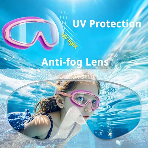 Pixel Panda 2 Pack Kids Swim Goggles with Fabric Strap for 6-14, Anti-Fog Anti-UV No Hair Pulling Wide View Swimming Goggles