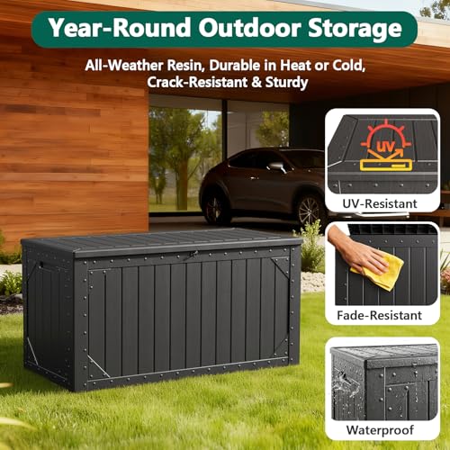 MAKE CHANGES 100 Gallon Outdoor Storage Box, Waterproof Resin Deck Box Organizer for Patio Cushion Storage, Lockable Outsi...