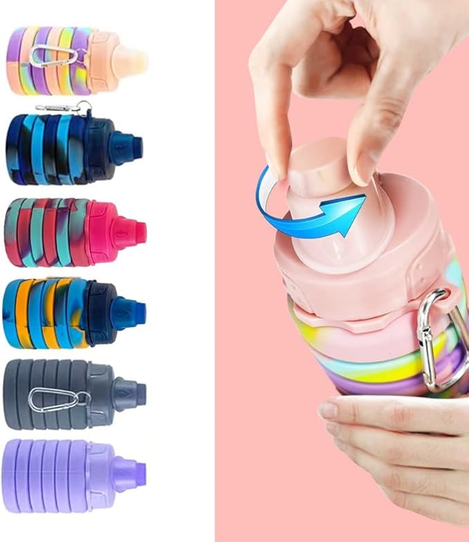 Collapsible Water Bottles 500 ml 2 pack with silicone collapsible cup 200 ml 2 pack,Travel Water Bottle Portable Hiking Water Bottle Reusable BPA Free Silicone Water Bottles.(Colorful)