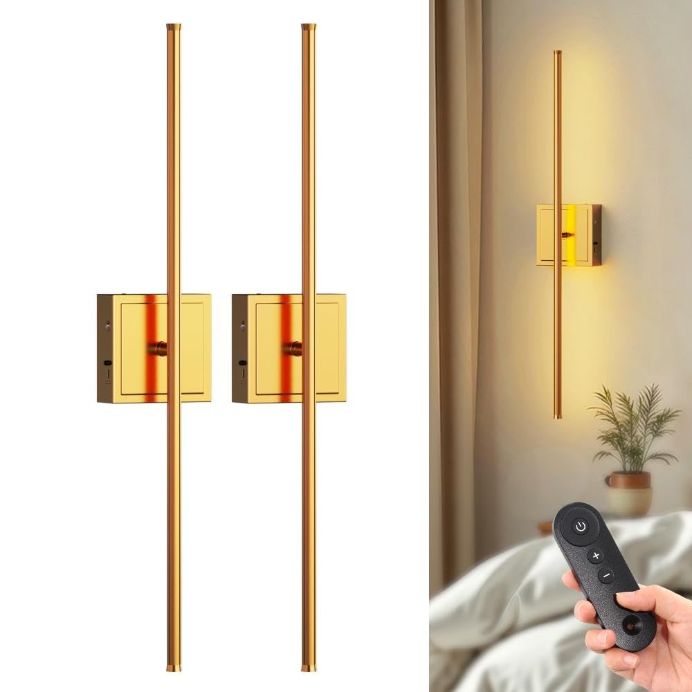 DORESshop Battery Operated Wall Sconces Set of 2, Dimmable, Brass, 28.1 Inch, Rechargeable, Wireless Lights for Bedroom, Living Room