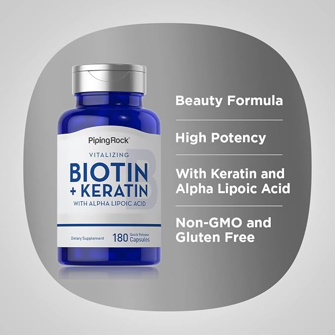Piping Rock Biotin 5000mcg | 180 Capsules | Plus Keratin and Alpha Lipoic Acid | Non-GMO, Gluten Free Supplement