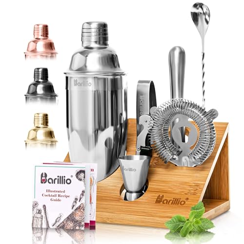 Barillio Bartender Kit - Stainless-Steel Cocktail Shaker Set with Bamboo Stand - Mixology Bar Tools w/Shaker, Drink Mixer ...
