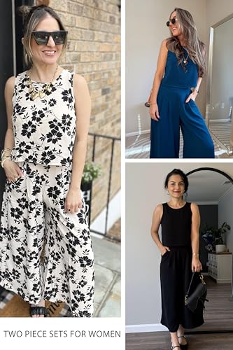 Lepunuo Womens Summer 2 Piece Outfits Sleeveless Crop Top Flowy Wide Leg Pants Matching Sets Vacation Beach Travel Outfits