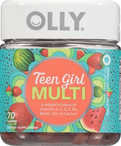 OLLY Teen Girl Multi Gummy, Healthy Skin and Immune Support, 15 Essential Vitamins, Biotin, Zinc, Calcium, Chewable Multivitamin, Berry Melon, 35 Day Supply, 70 Count (Pack of 2)