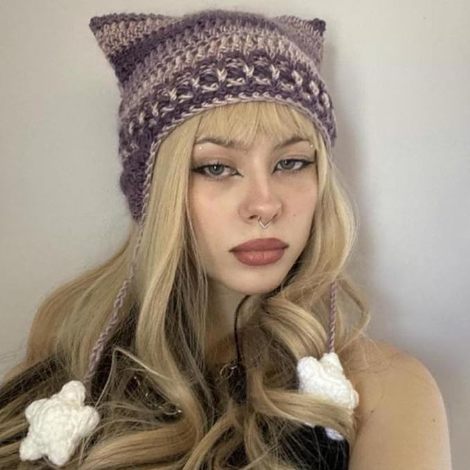 Cat Beanie Beanies Y2k Beanie Knit Hat Grunge Goth y2k Accessories Crochet Hats for Women (Black Green-A)