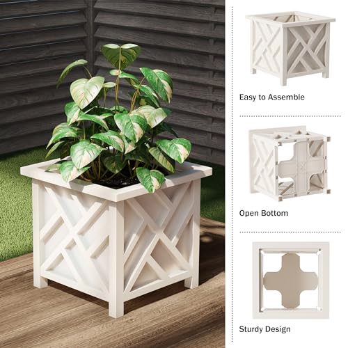 Lattice Design Outdoor Planter Box - 14.75” Square 13” Tall White Plant Pot - Decorative Plant Pots for Front Porch Decor...