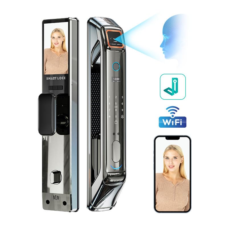 3D Face Recognition Smart Door Lock with Palm Vein, Fingerprint, HD Camera, WiFi Jlink App, Video Intercom & Doorbell | Keyless Entry with Passcode, IC Card & Emergency Key – Alexa, Easy Install