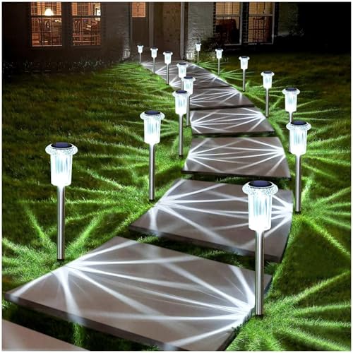 DenicMic Solar Lights Outdoor 10 Pack Waterproof 6000K Cold White LED Stainless Steel Stake Outside Lights for Yard Pathwa...