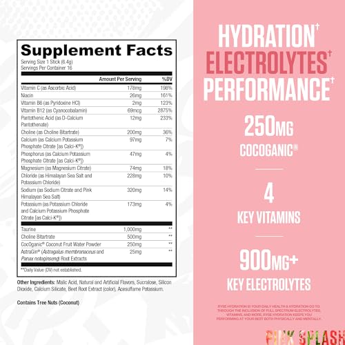 RYSE Hydration Electrolyte Powder Drink Mix Packets - Pink Splash - Sugar-Free Full Spectrum Electrolytes with Essential V...
