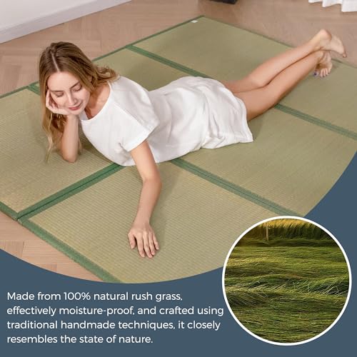 MAXYOYO Japanese Tatami Mat 100% Rush Grass Portable Folding Mat Futon Mattress Firm Traditional Floor Bed 79"x60"x0.47"