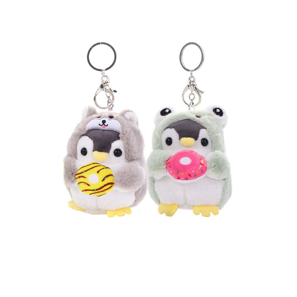 Pokinge 2 Pcs Penguin Keychain, Cute Plush Penguin Pendant Stuffed Animal Keyring Creative Penguin with Dog Frog Clothing Cartoon Donut Backpack Decor(Grey&Green)