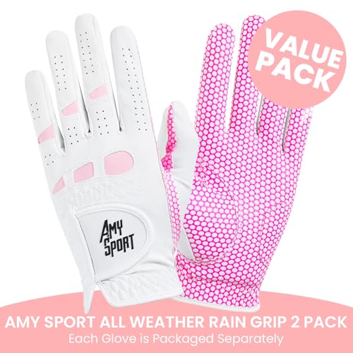 Amy Sport Golf Gloves Women Left Hand Right All Weather Rain Grip Value 2 Pack, Ladies Soft Pink Glove Lh Rh Both Hand Fit...