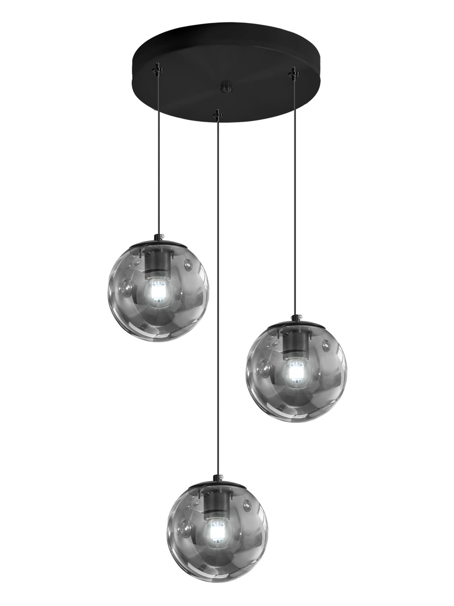Ykolupty 3-Light Black Pendant Light Fixtures Modern Smoke Gray Glass Globe Pendant Lights Kitchen Island Adjustable Hanging Lights Globe Stairwell Lighting Black Chandelier For Dining Room