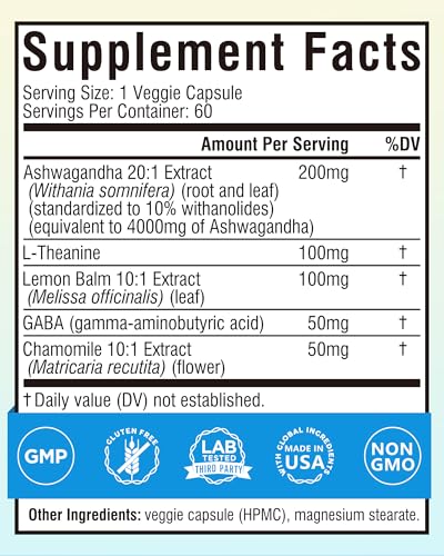 Terranics Ashwagandha L-Theanine Supplement for Stress Relief, Combined with GABA, Lemon Balm, Chamomile Flower Extract, N...