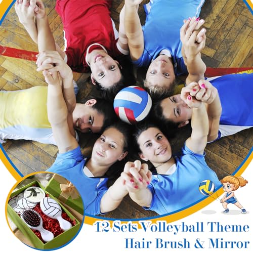 SiliFine 24 Pcs Volleyball Gifts for Team Bulk Include 12 Volleyball Air Cushion Hair Brush and 12 2.76 Inch Compact Mirro...