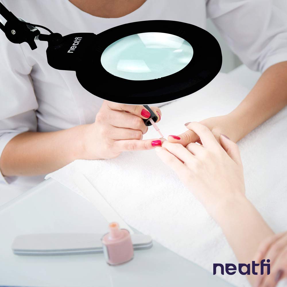 Neatfi Xl Bifocal Led Magnifying Lamp, 7-Inch Lens, 5D/20D, Dimmable, Adjustable Arm, Black, With Clamp