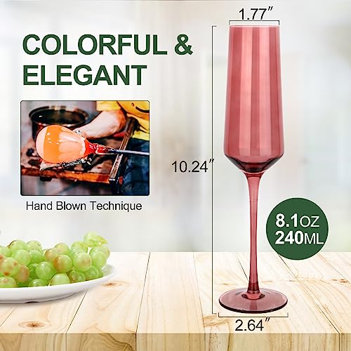 Colored Champagne Flutes Set of 6, Large 8 Oz Hand Blown Crystal Glasses, Lead-Free Colorful Glasses, Italian Style Tall S...
