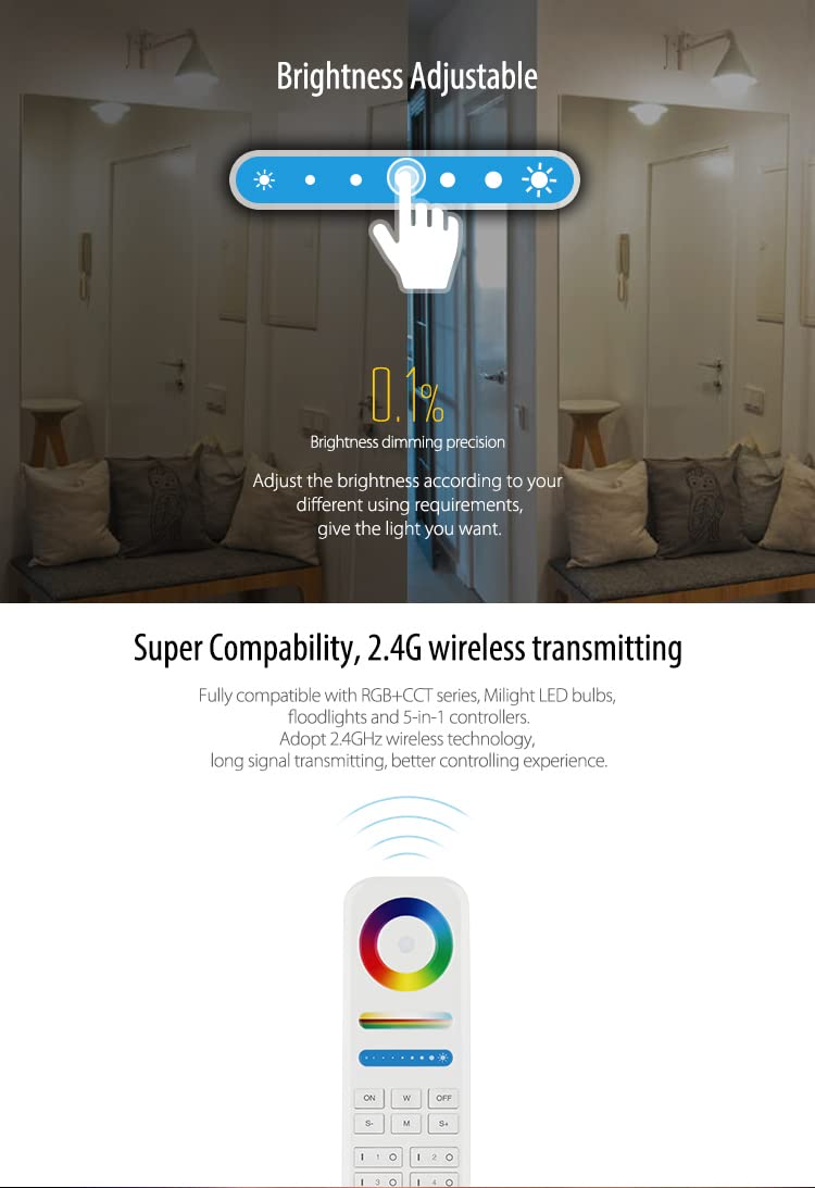 Lgidtech Mi.Light Rgb+Cct 8-Zone Remote Controller, Plastic, Model Fut089, Compatible With Milight Led Bulbs