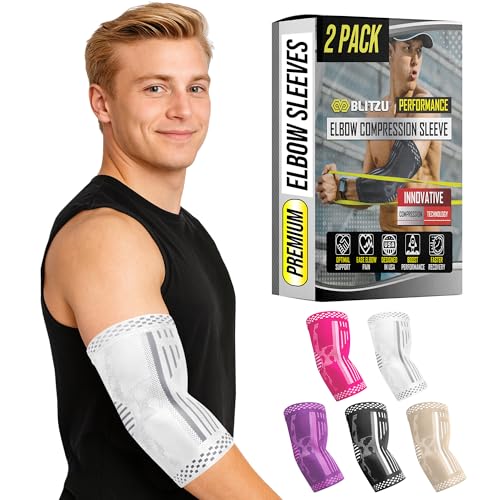 BLITZU Elbow Compression Sleeve for Tendonitis 2 Pack, Tennis Elbow Brace Support for Men and Women Golfers Elbow Pain Rel...