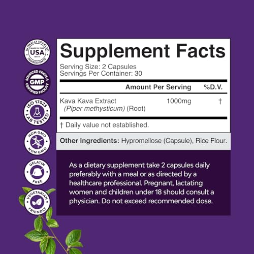 Kava Kava Root Extract Supplement 1000mg - Fast Acting Herbal Support with Kavalactones for Balanced Mood - Relax Calming ...